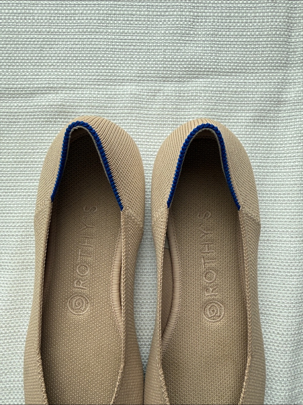 Rothy's Beige Knit Pointed Ballet Flats with Blue Trim - Picture 6 of 6
